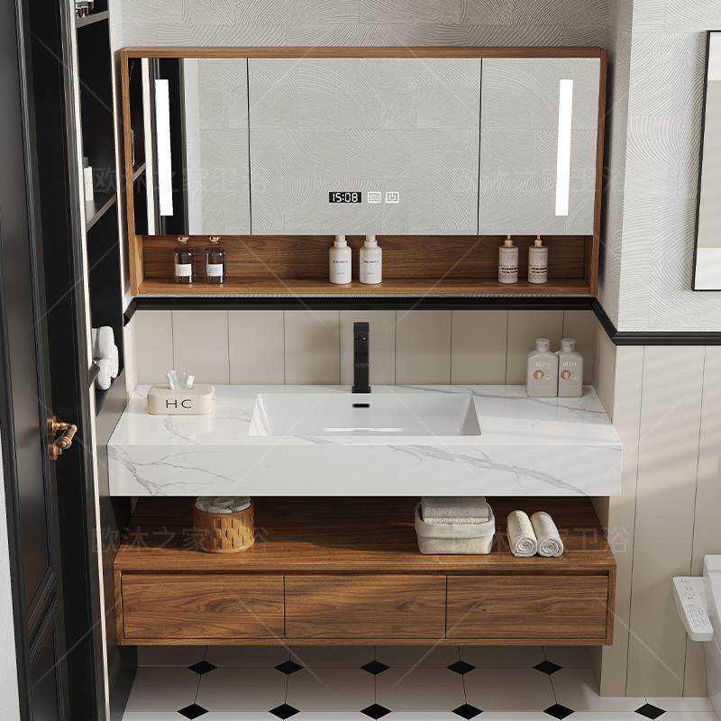 新款黑胡桃木色岩板陶瓷浴室柜无缝盆卫生间洗手盆柜洗漱台