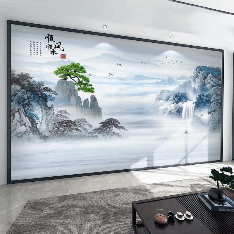 3d立体壁贴自粘山水画浮雕客厅壁画新中式壁纸墙布茶室电视背景墙
