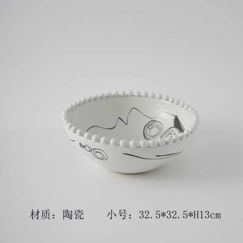 简约现代珠点边陶瓷花瓶摆件中式家居样板间软装玄关餐桌盘子饰品