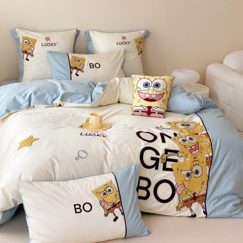 海绵宝宝卡通刺绣全棉100S澳棉长绒棉四件套纯棉被套可爱床上用品