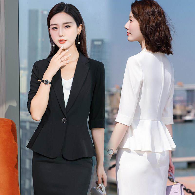 设计感中袖外套荷叶边下摆西装女黑色修身职业西服套装气质工作装