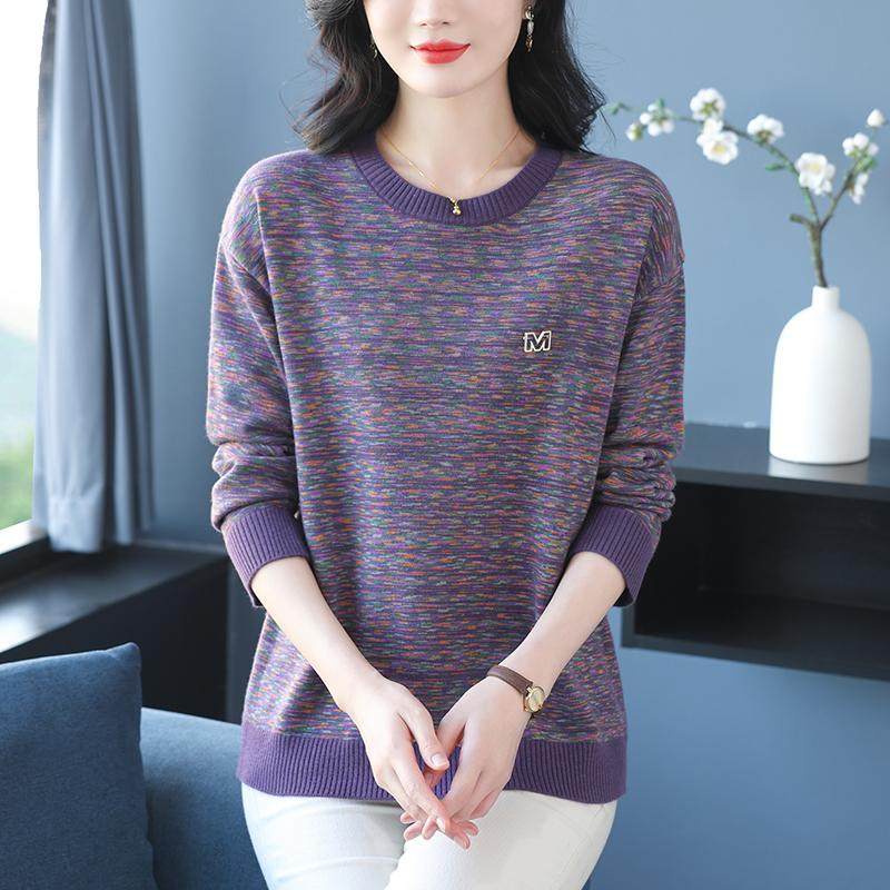 中年妈妈春季新款圆领针织衫胖mm宽松大码洋气上衣薄款内搭打底衫