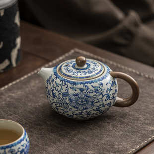 汝窑青花缠枝莲西施茶壶泡茶家用陶瓷功夫茶具单壶开片高档大容量