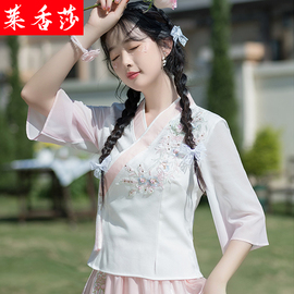 中国风日常改良汉服交领上衣夏装，大码女装绣花短款茶禅服中式套装