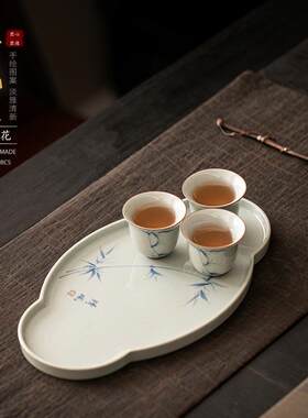 中式竹子手绘茶盘陶瓷小茶台家用茶具复古茶海单层托盘如意干泡盘