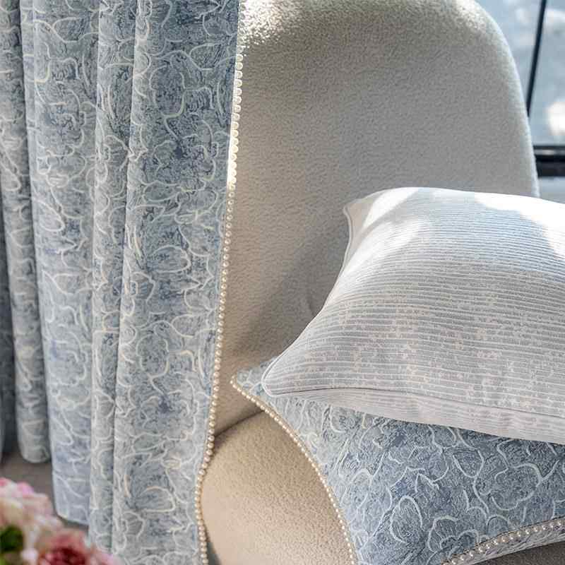 雾霾蓝色法式中古风雪尼尔提花窗帘成品遮光客厅卧室整批布料