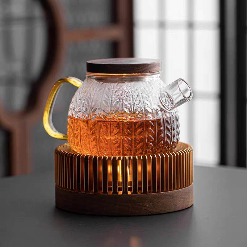 胡桃木温茶炉玻璃花茶壶套装蜡烛加热煮茶炉温茶器小火暖炉烤茶炉