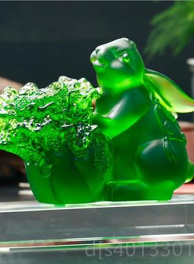 高档玉兔招财璃水晶琉璃兔子摆白菜兔艺工玻品吉祥物屋里装饰品百