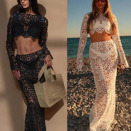 Hollow lace top and skirt in two sets