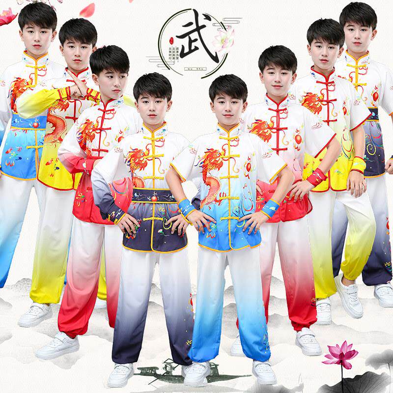 民族风功夫表演服儿童成人武术比赛演出服长短袖中国龙设计