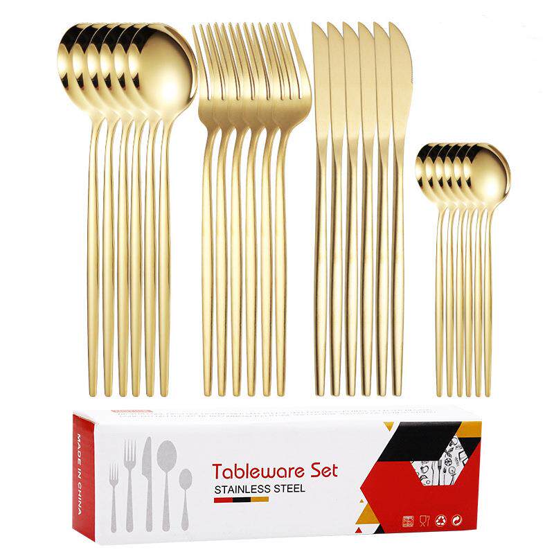 跨24件不锈钢餐具刀叉叉勺套装金境套色亮光葡萄牙牛亮光葡萄排刀