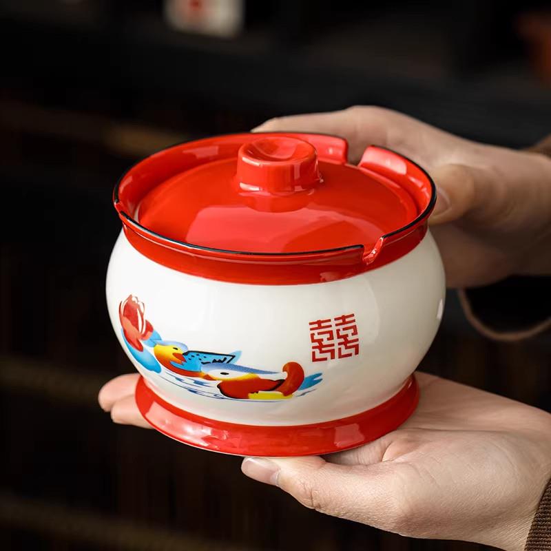 网红创意痰盂菸灰缸办公室客厅怀旧中式搞怪陶瓷带盖子防飞灰菸缸图片