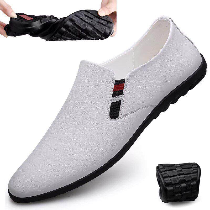 潮牌男鞋夏季新款真皮软底透气休闲皮鞋一脚蹬白色英伦百搭豆豆鞋