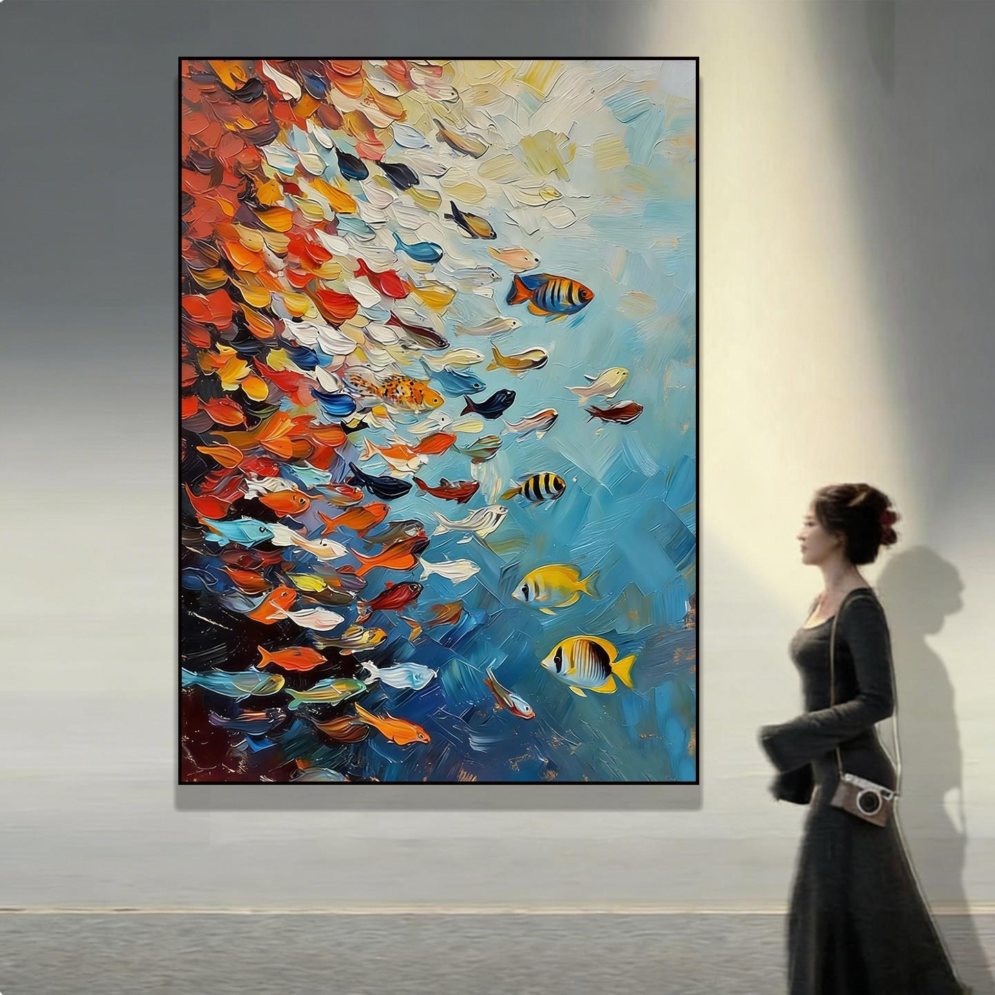 手绘油画海底世界现代艺术装饰画客厅肌理玄关挂画抽象鱼沙发墙画