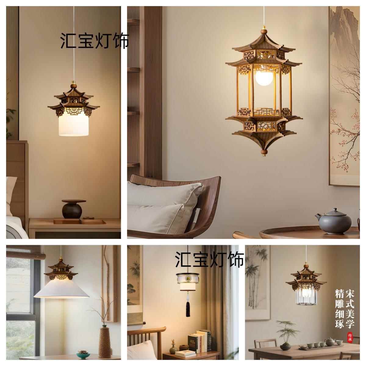 新中式古建筑八角亭模型氛围灯饰摆件书房玄关售楼处酒店装饰吊灯