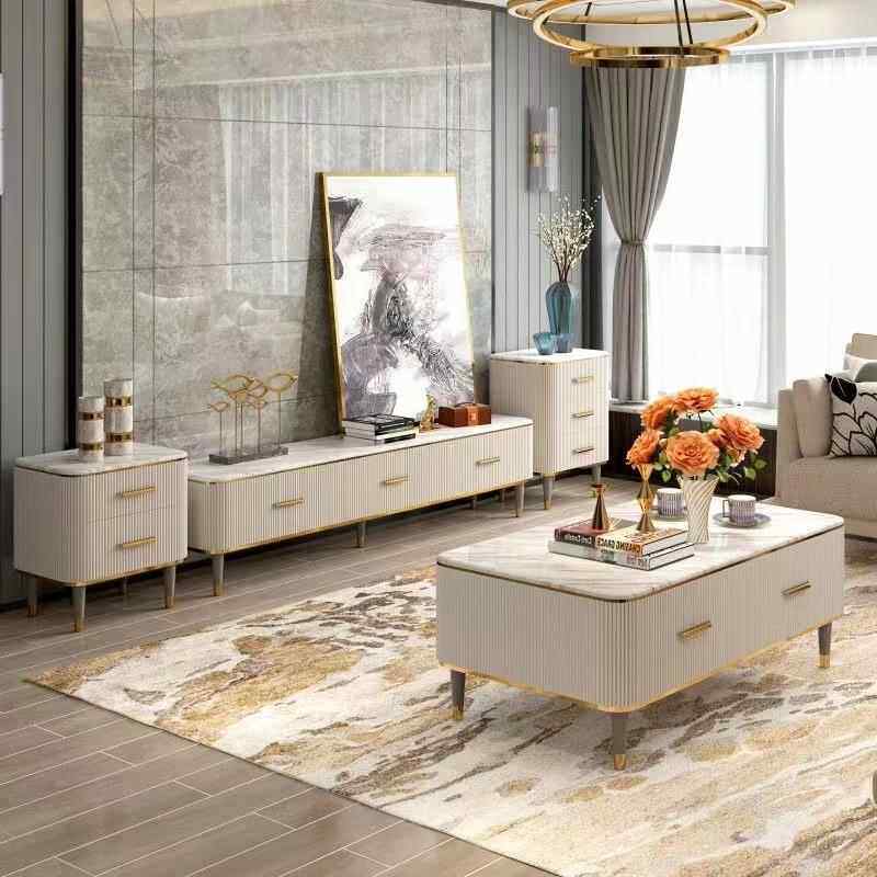 现代轻奢大理石茶几电视柜组合客厅成套家具实木意式岩板简约储物