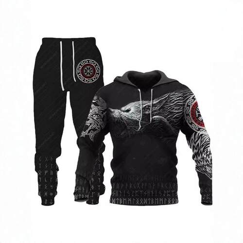 Pants Hoodie Casual Print Pattern 2-Piece Mens Lion And