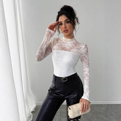 Lace patchwork back zipper long sleeved slimming top for