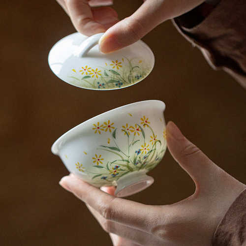 弥言纯手绘雏菊盖碗手工陶瓷薄胎泡茶碗茶杯功夫茶具不烫手茶艺碗