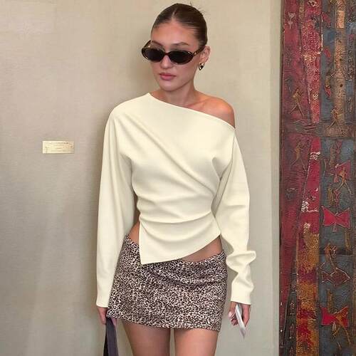 Womens Solid Color One Shoulder Split Hem Long Sleeve