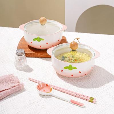 草莓陶瓷泡面碗一人食套装双耳汤碗勺子筷子组合宿舍学生餐具带盖