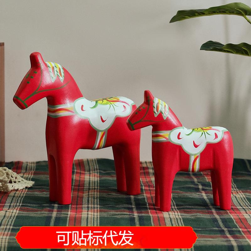 北欧原木达拉木马摆饰木马雕刻彩绘红马婚庆摆件一对大小字母马
