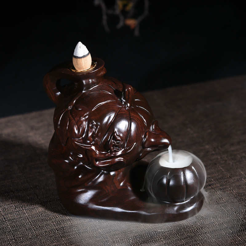 创意黑檀木雕南瓜茶壶烟倒流檀香炉/红木质迷你塔香薰炉家居摆件