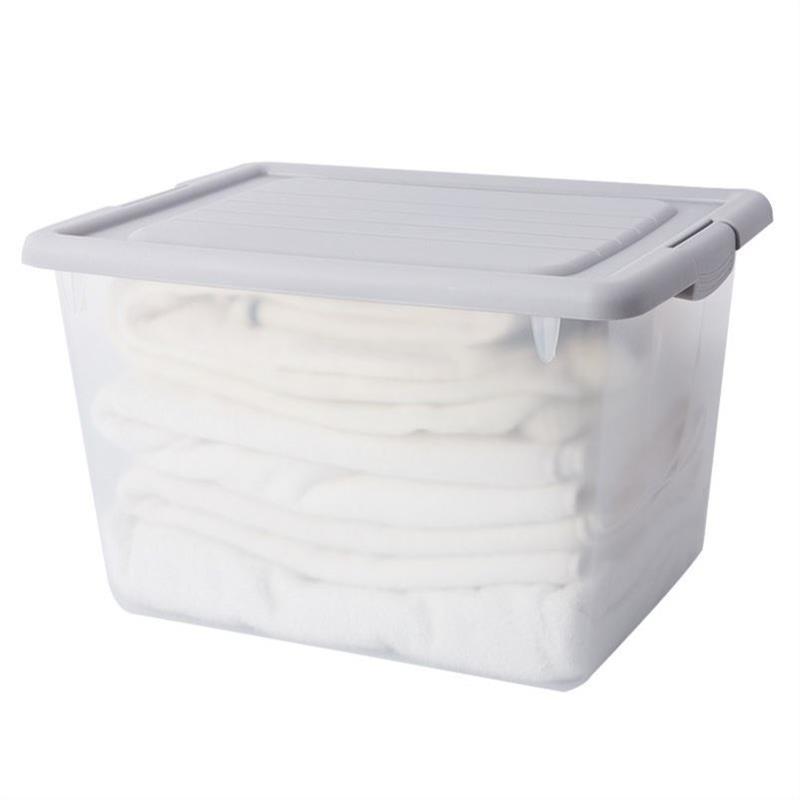 Plastic see-through storage boxes for clothes and snacks