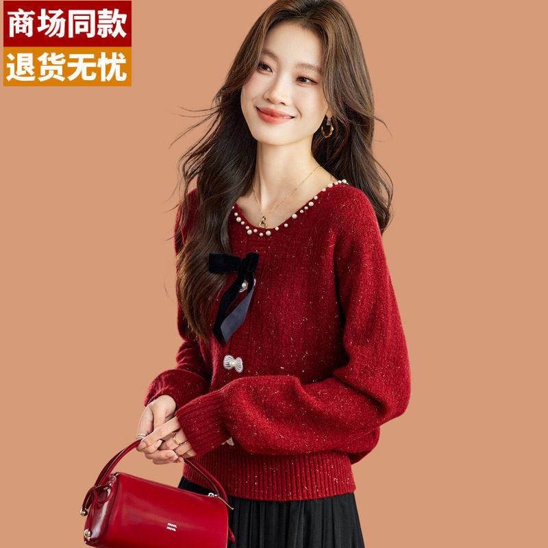 蝴蝶结v领毛衣女秋冬季2025新年圣诞节红色超好看短款羊毛打底衫