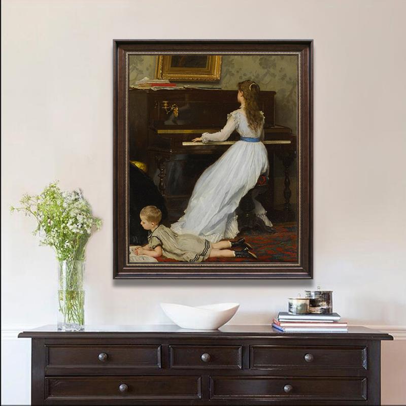 竖版弹钢琴少女琴房琴行油画人物油画布高清喷绘画帆布画可定制