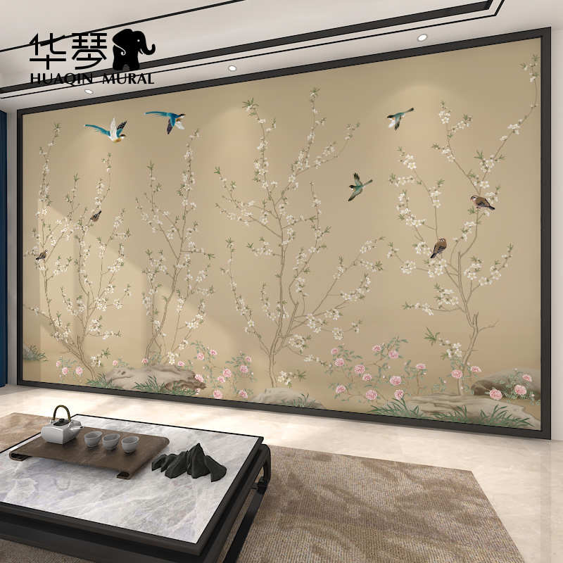 新中式电视背景墙壁纸客厅沙发茶室工笔古风花鸟墙纸墙布壁布定制
