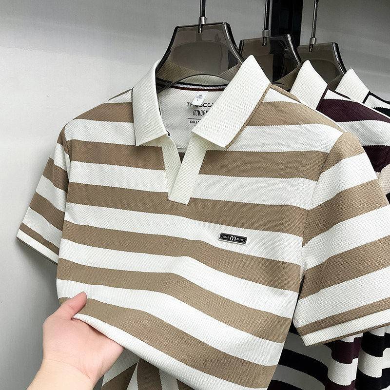 品牌高端条纹短袖t恤男中青年时尚轻奢翻领POLO衫夏季薄款打底衫