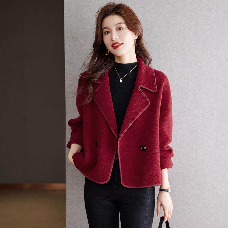 高级感洋派红色毛呢外套女士2024秋冬新款时尚百搭加厚西装领上衣