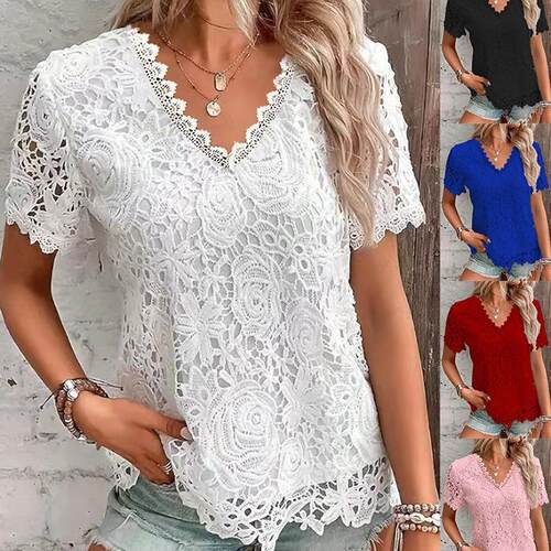 Women's Top T-shirt Lace Short Sleeve Women