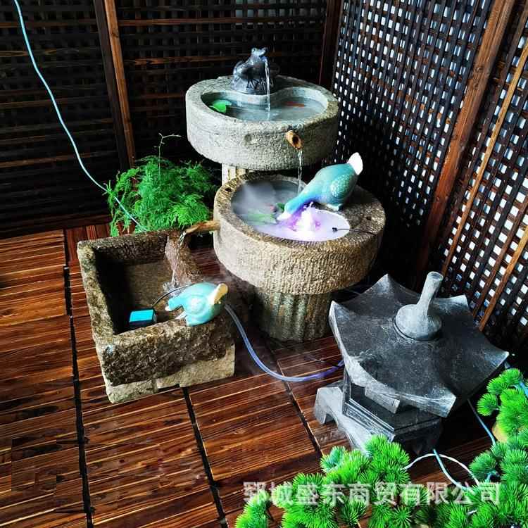 新款日式流水石钵花园水景造景景观庭院枯山水自然石头盆竹子摆