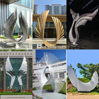 不锈钢凤尾雕塑大型定制户外发光凤凰抽象水景异形羽翼景观翅膀