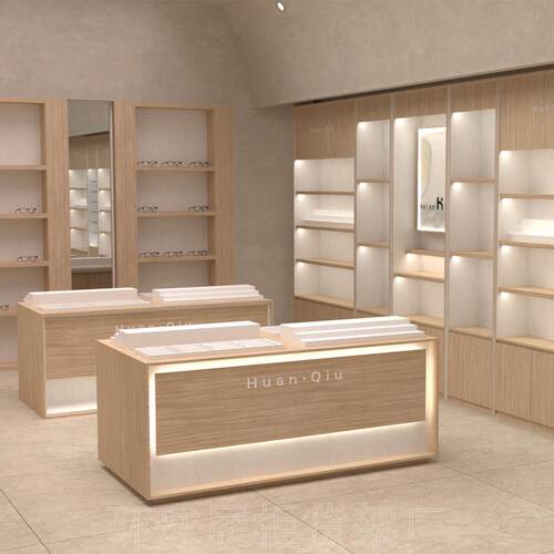 设计感免装原木生态板眼镜展示高柜开放自选中岛柜台整店设计定制
