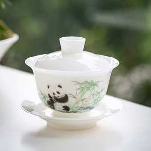 高档白瓷冰种玉薄胎陶瓷家用单个敬茶碗茶杯功夫茶具三才盖碗