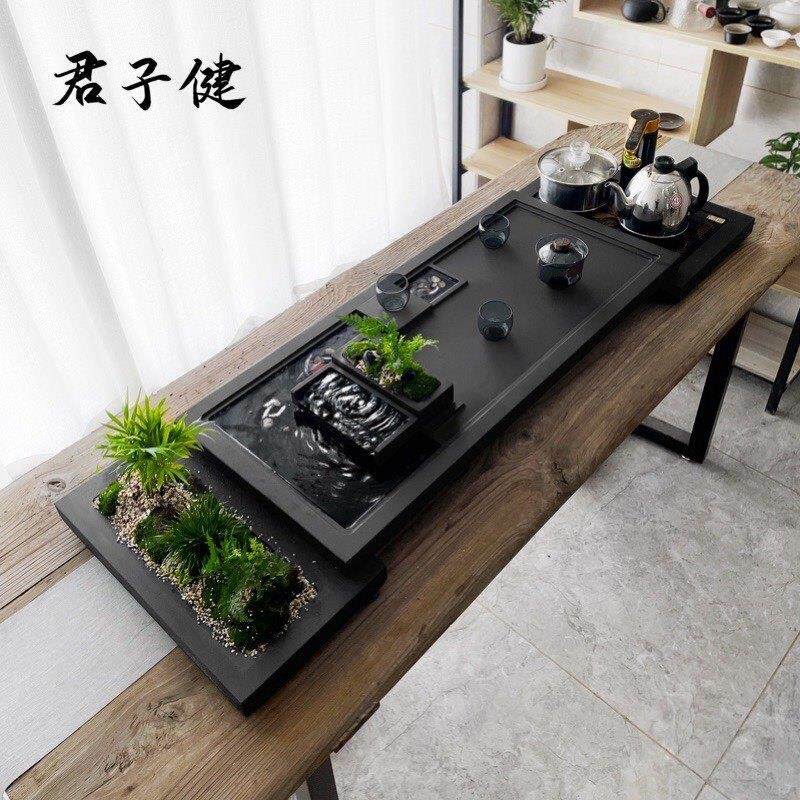 流水培鱼乌金石家用茶盘办公茶台创意景观茶海桌面泡茶煮烧水一体
