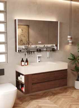 楠家匠中古风岩板热弯一体侧边收纳浴室柜组合洗漱台洗脸盆洗手盆