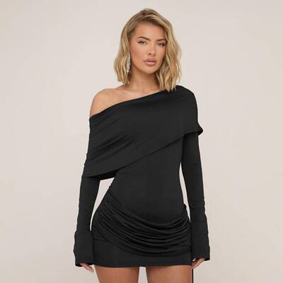 Sexy Elegant Lapel Design Off-Shoulder Lady DressFitted