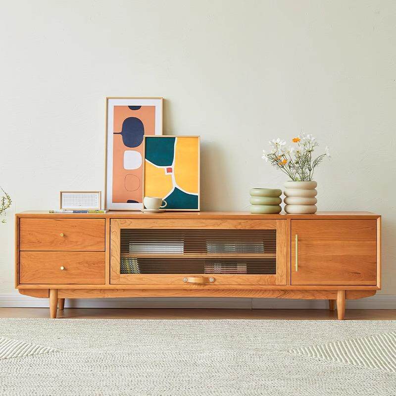 复古电视柜原木极简简约樱桃实木客厅视听柜北欧小户型收纳储物柜