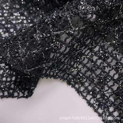 新薄款ins风镂空小格菱格花朵亮丝编织小香风面料服装箱包布料