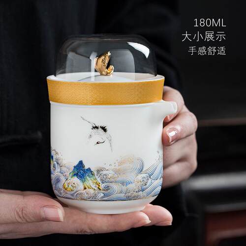 渡景山房羊脂玉一壶四杯小套组描金陶瓷快客杯户外便捷旅行茶具