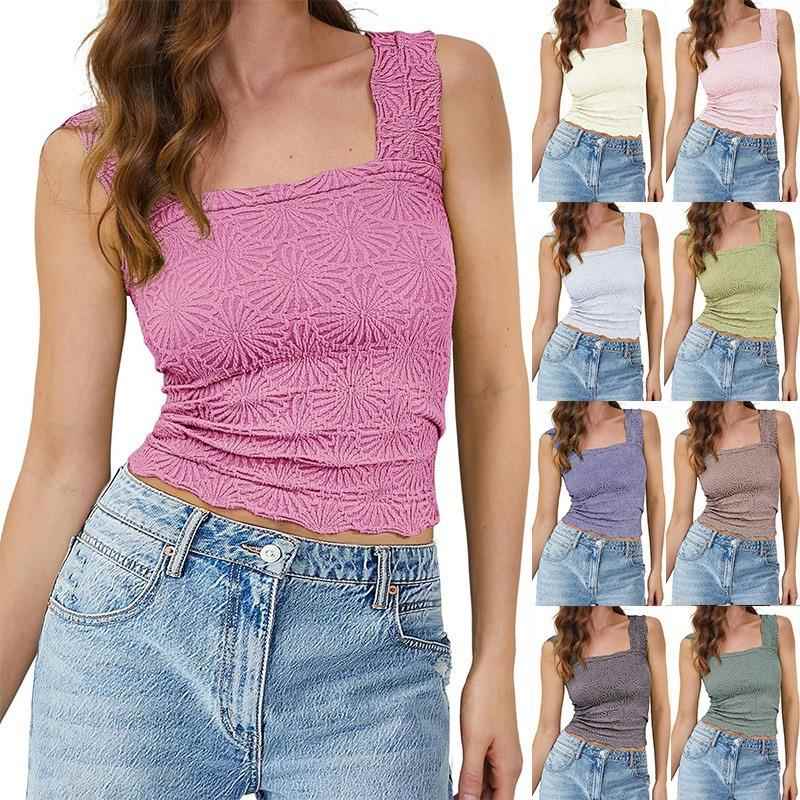 Tops Neck Womens Tight Vest Jacquard Elastic High Square