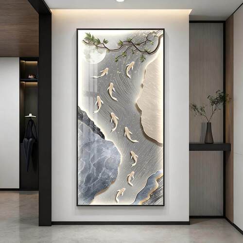 轻奢九鱼图led带灯玄关装饰画走廊过道简约现代高级感挂画壁画