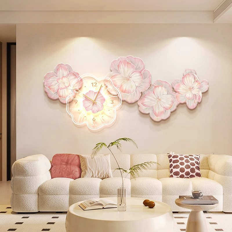 AW奶油风花卉客厅挂画带钟表轻奢高级感卧室壁画沙发背景墙装饰画