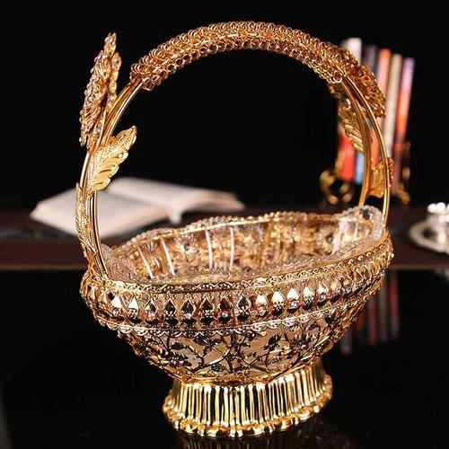 北欧家用客厅锌合金水果盘创意手提水果篮甜点盘干果盘点心盘摆件