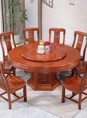 中式金花梨木全木餐桌椅组合户HEU仿雕花实大圆桌大小型家用带古