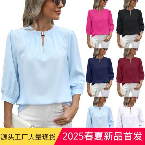 Women's lock hole collar seven quarter sleeved shirt top